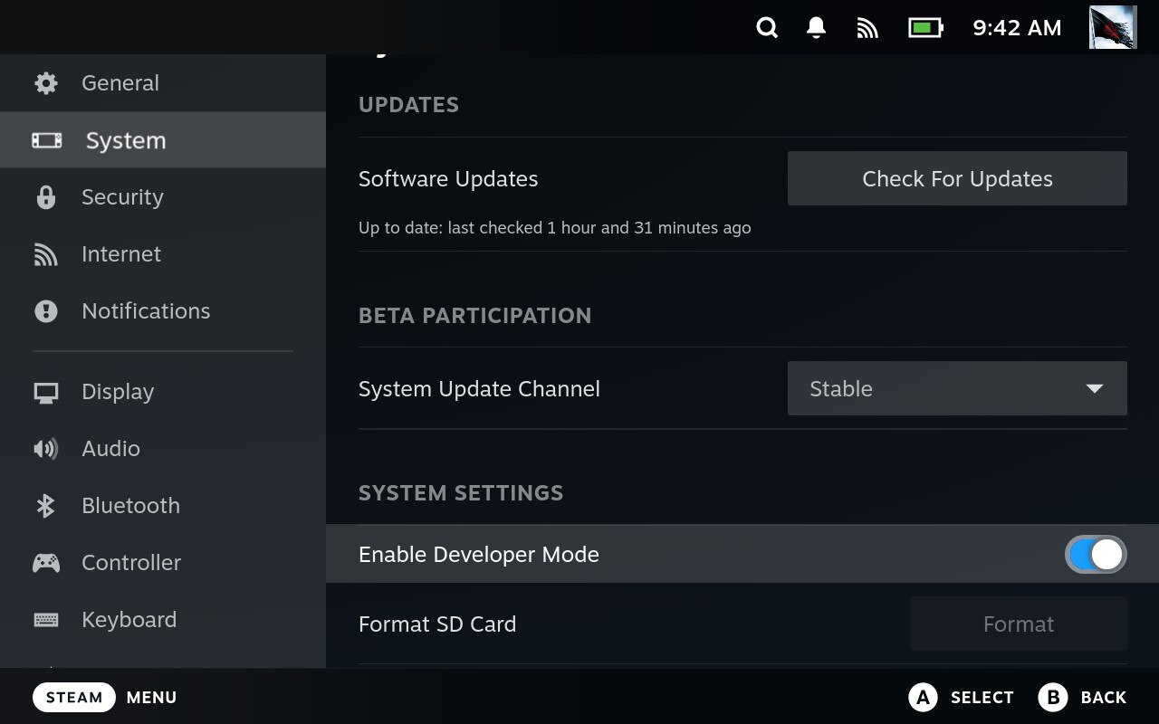 Screenshot of Settings on Steam Deck